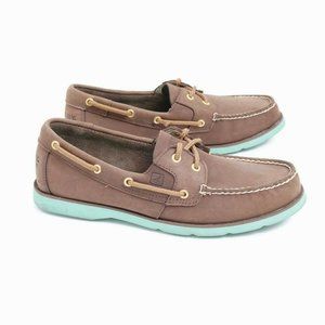 Sperry Womens Boat Shoes Brown Leather Green Soles Lace Up Size 9.5M